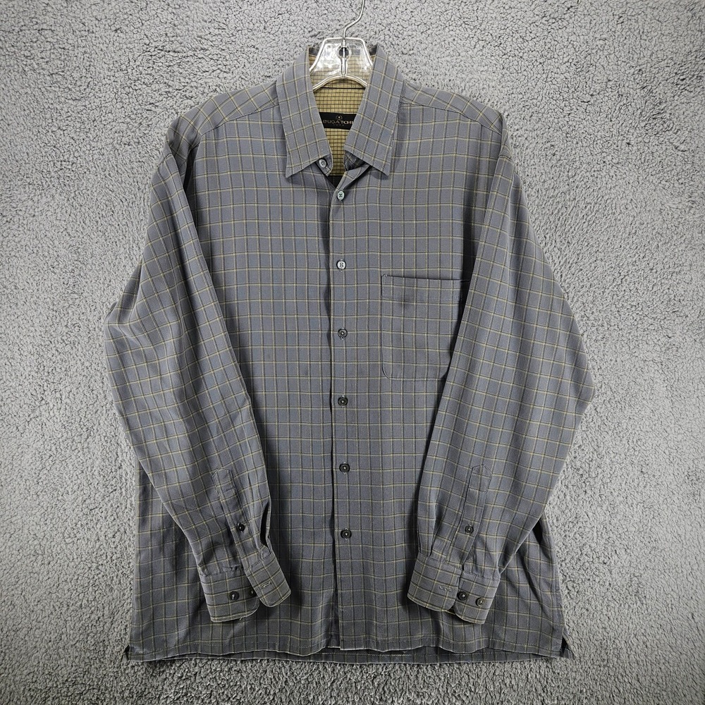 Bugatchi Uomo Mens Large Grey Yellow Grid Plaid Long Sleeve Button Down Shirt